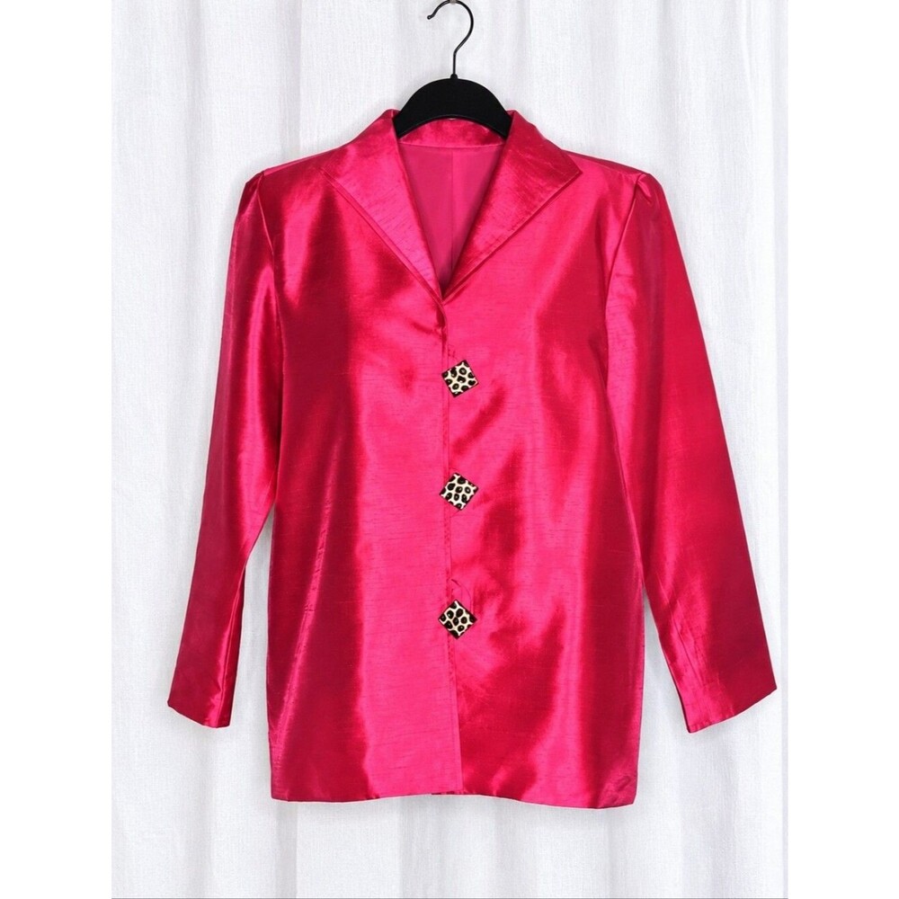 Painted Pony Vintage Fuchsia Pink Satin Sheen Geometric Animal Buttons Jacket